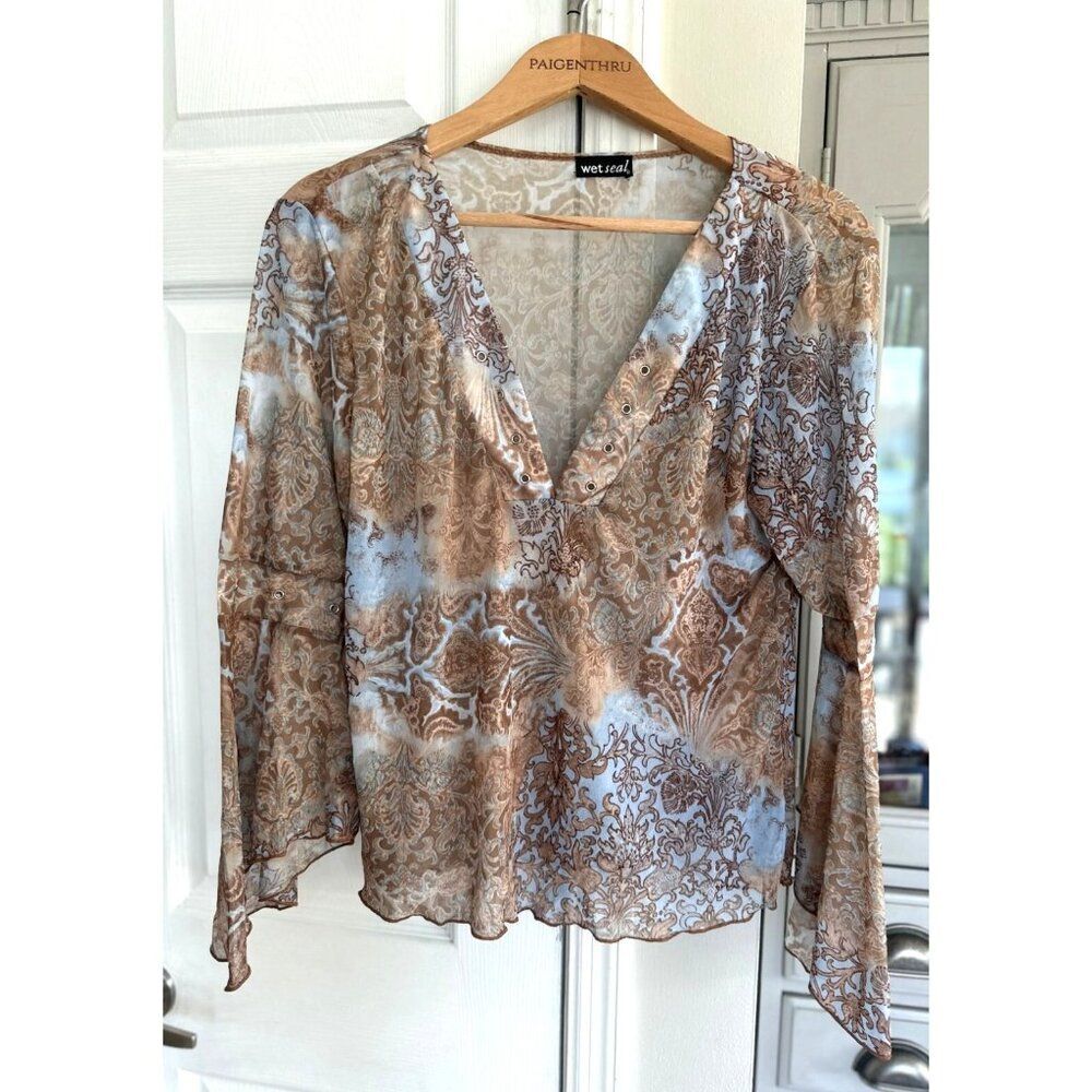VTG Wet Seal LG Semi Sheer Grommet Flare Sleeve Blouse Hippie Festival Y2K